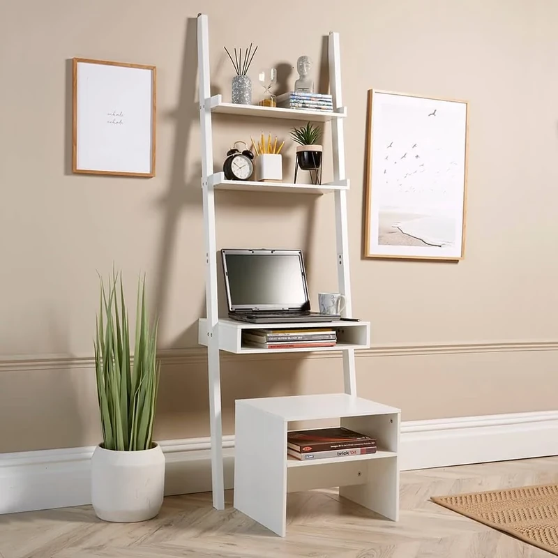 Home Source Desk Unit Home Office Shelving Storage with Stool Included, White, 3 Tier