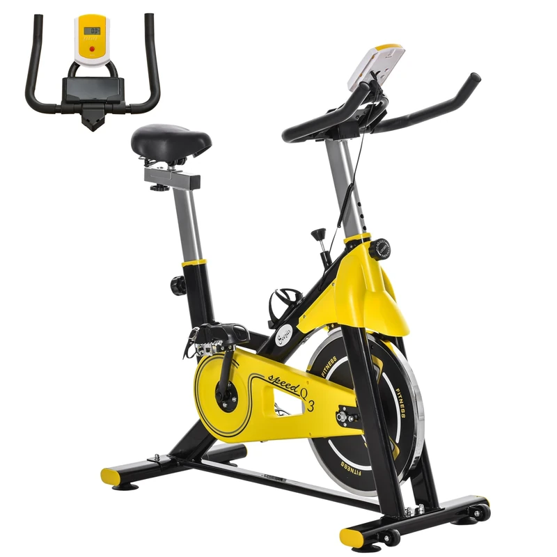 HOMCOM Stationary Exercise Bike w/ 6kg Flywheel, LCD Monitor, Adjustable Resistance, Pad & Bottle Holder, for Indoors, Gyms, Offices, Cardio Workout - Yellow
