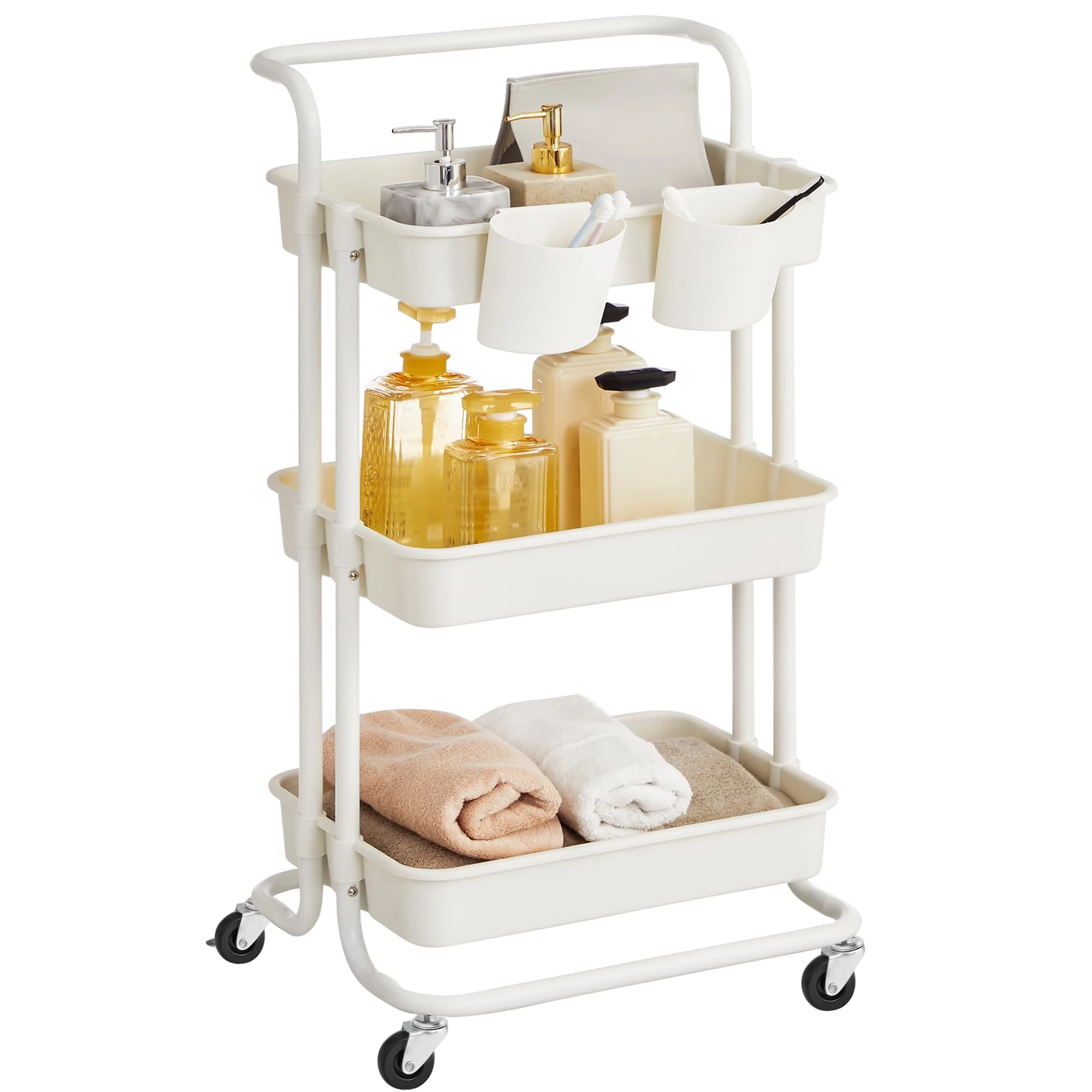 SONGMICS 3-Tier Storage Trolley, Rolling Trolley with Handle, 2 Small Organisers, Steel Frame, Plastic Baskets, Utility Cart, Easy Assembly, for Bathroom Laundry Room, White BSC067W01