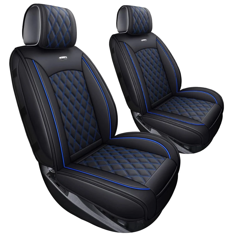 Aierxuan Chevy Silverado GMC Sierra Car Seat Covers Pickup Trail Boss Z71 Custom Fit 2007-2025 1500 2500HD 3500HD Crew Double Extended Cab Waterproof Leather Cushions (2 PCS Front, Black-Blue)