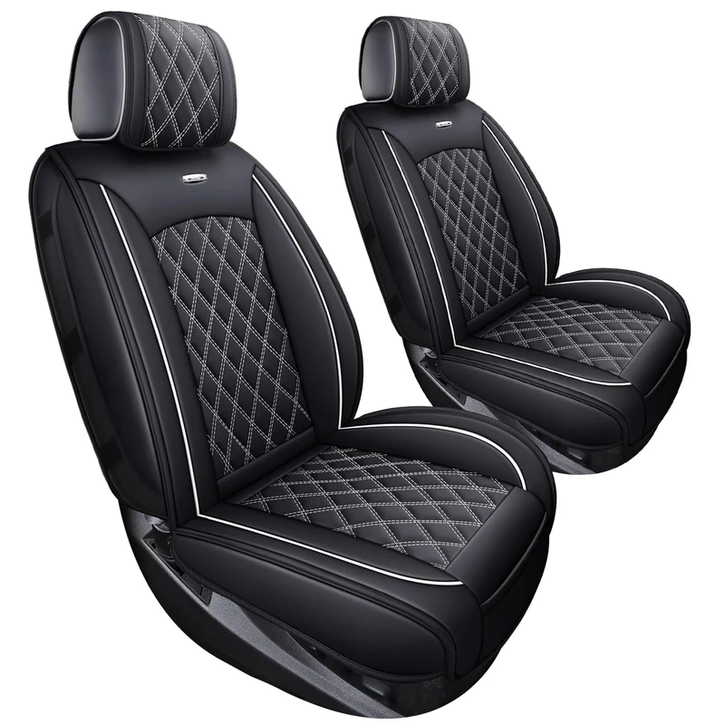 Front Seat Covers Chevy Silverado GMC Sierra Pickup Trail Boss Z71 Custom Fit 2007-2024 1500 2500HD 3500HD Crew Double Extended Cab Waterproof Leather Seat Protectors(2 PCS Front, Black-White)