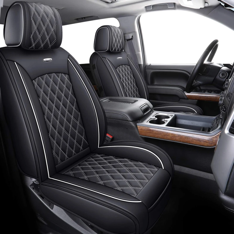 Aierxuan Seat Covers for Cars Pickup 2007-2023 GMC Sierra Chevy Chevrolet Silverado 1500 2500HD 3500HD Trail Boss Z71 Crew Double Extended Cab Waterproof Leather (Full Set, Black-White)