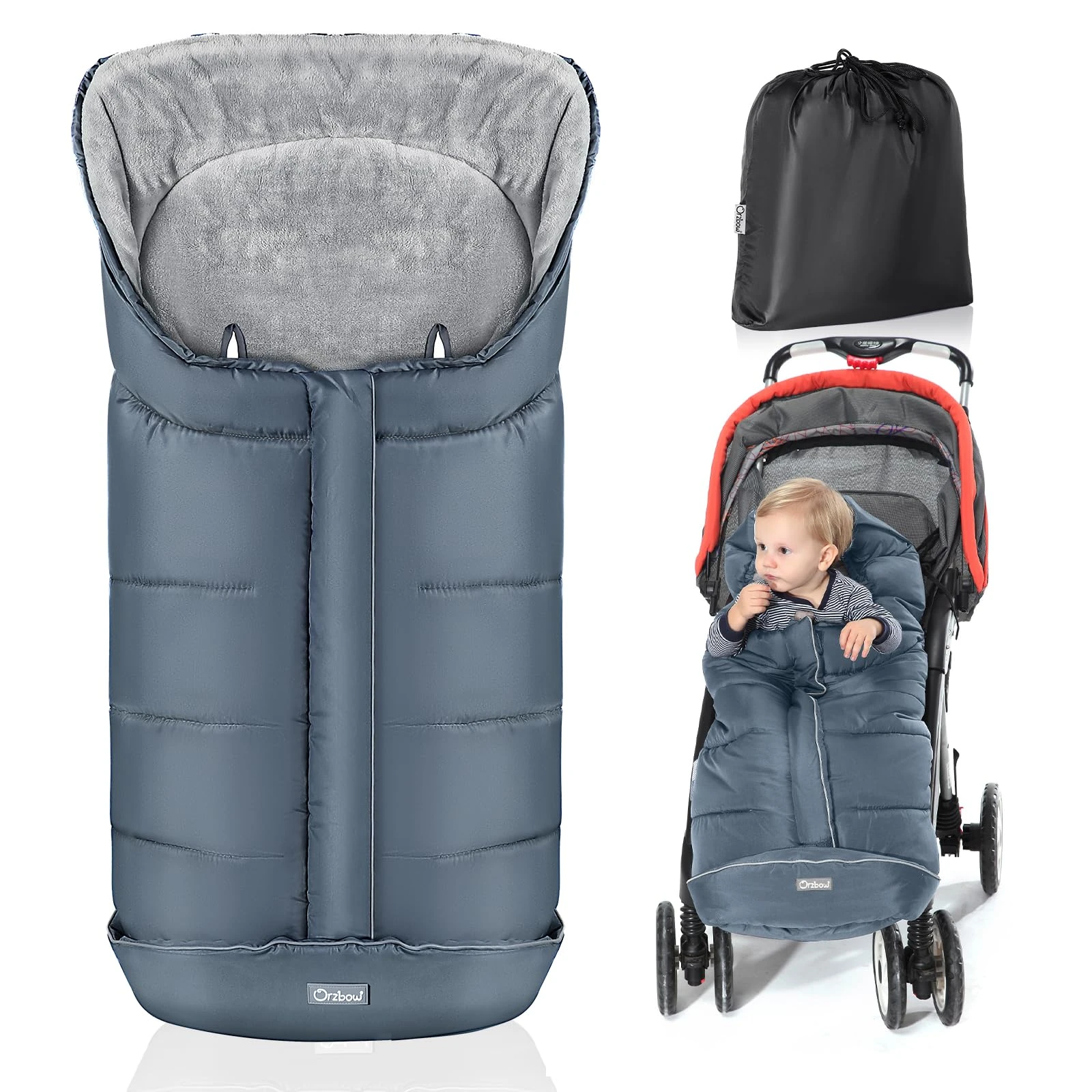 Orzbow Footmuff for Pushchair Universal, Large Pushchair & Pram Footmuffs with Drawstring, Waterproof Cosy Toes for Buggy with Warm Fleece, Anti-Slip Back, Reflective Strip, Easy Access, Grey