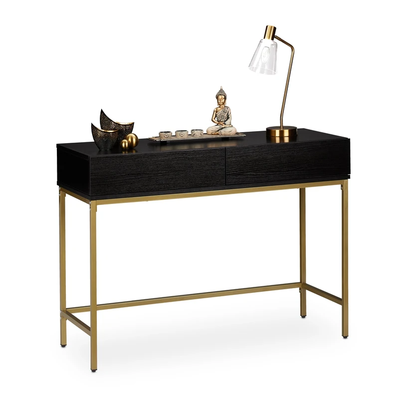 Relaxdays Console Table, 2 Drawers, Wood Optic, H x W x D: 80 x 110 x 40 cm, Black/Gold