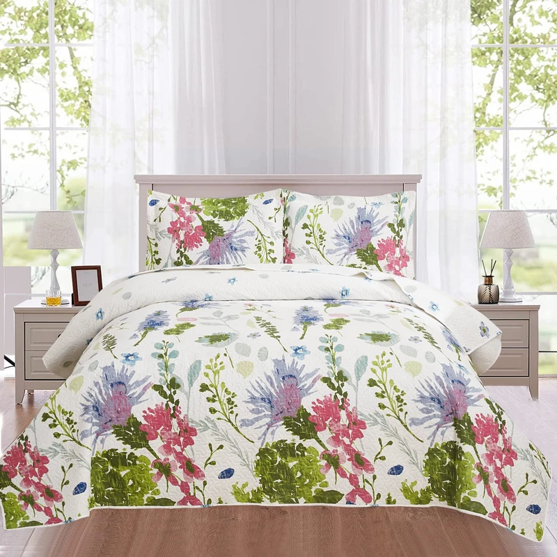 Ycosy Floral Bedspread Set Reversible Countryside Coverlets Lightweight Blue Purple Cornflowers Quilt Green Leaves Bed Covers for All Season -1 Quilt +2 Pillow Shams King Size (96"x108")