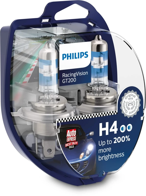 Philips Racing Vision GT200 H4 Car Headlight Bulb +200 Percent, Set of 2