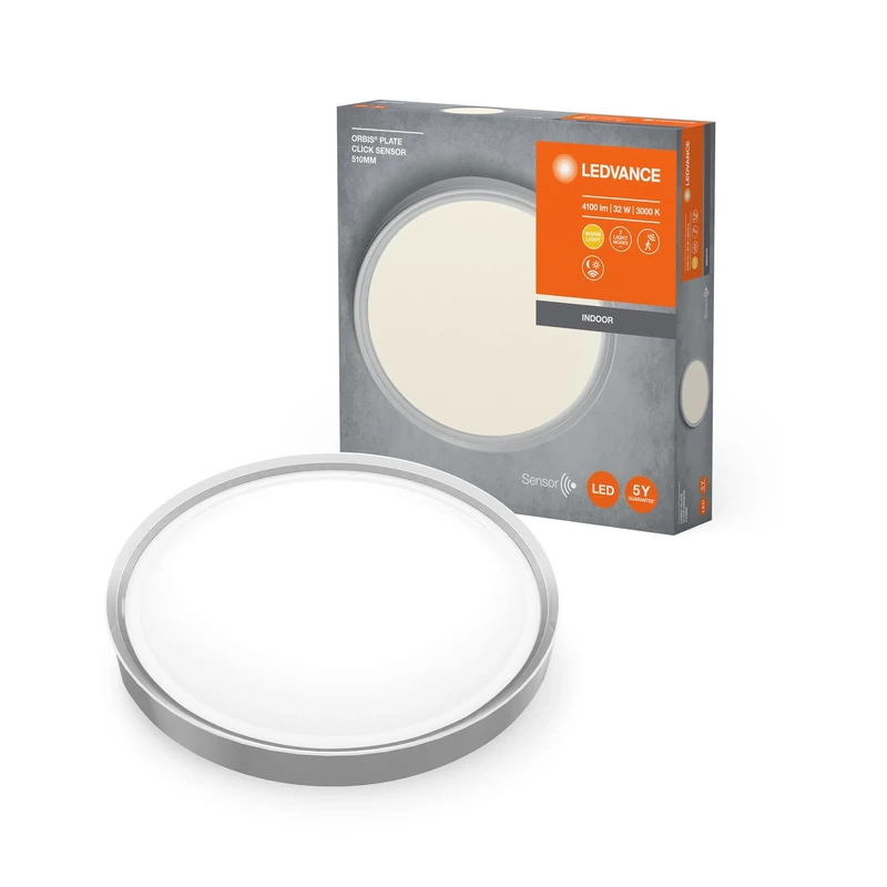 LEDVANCE LED Wall and Ceiling Luminaire, Flat Luminaire with Motion detector for indoor, operating modes can be changed with a Click, Warm White (3000K), 510mm Diameter, ORBIS PLATE ROUND Click Sensor