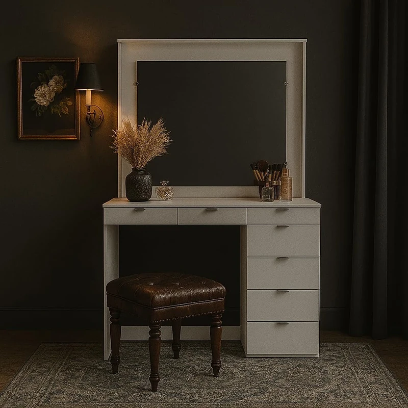 Chloe 7 Drawer Dressing Table and Mirror, White.