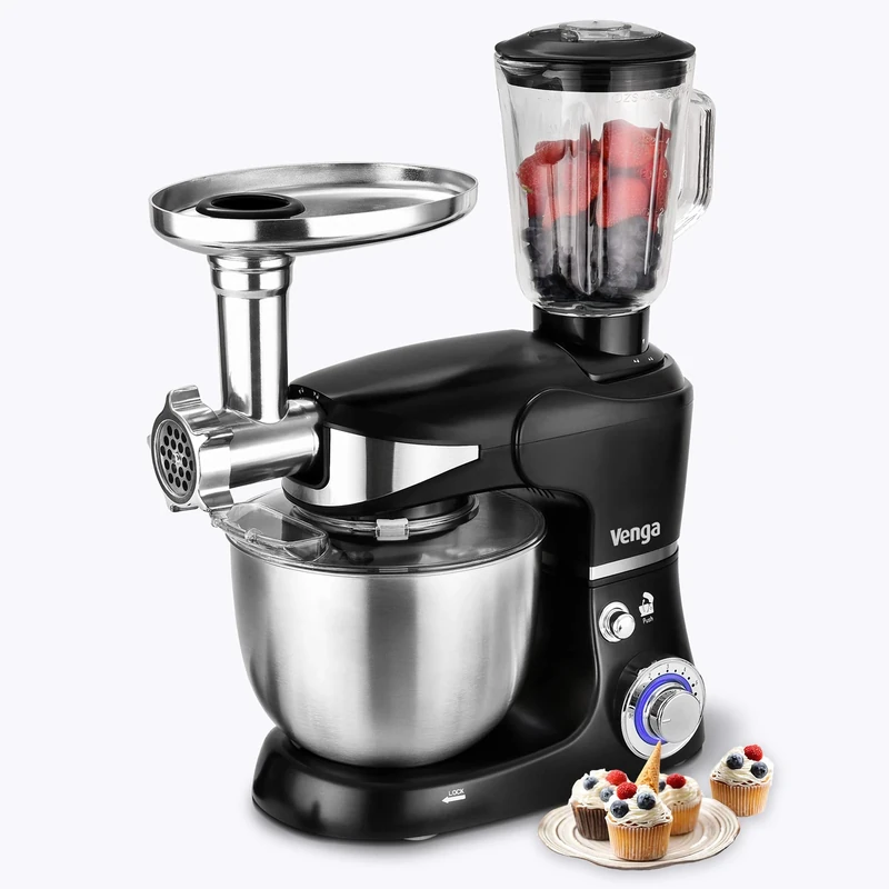 Venga! 3-in-1 Multifunctional Stand Mixer with Blender and Meat Grinder, 12 Accessories, Recipe Book, 1 000 W, Black, VG M 3015 BS