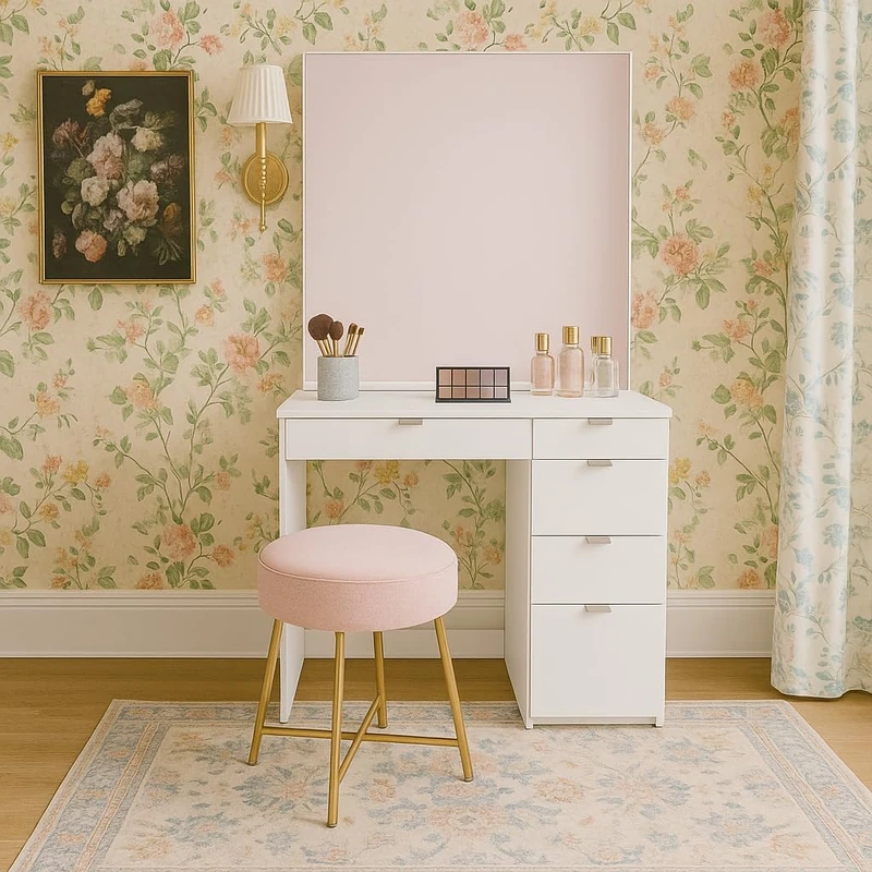 Ava 5 Drawer Dressing Table and Mirror, White.