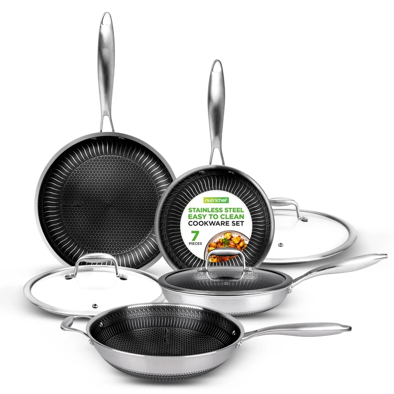 Nutrichef Stainless Steel Pan Set, 7-Piece Frying Pan, Saucepan Set, Non Stick Cookware, Induction Hob, Triply, Dakin Etching Nonstick Coating - Small, Medium, Large Stir Fry Pans with Lid, Wok