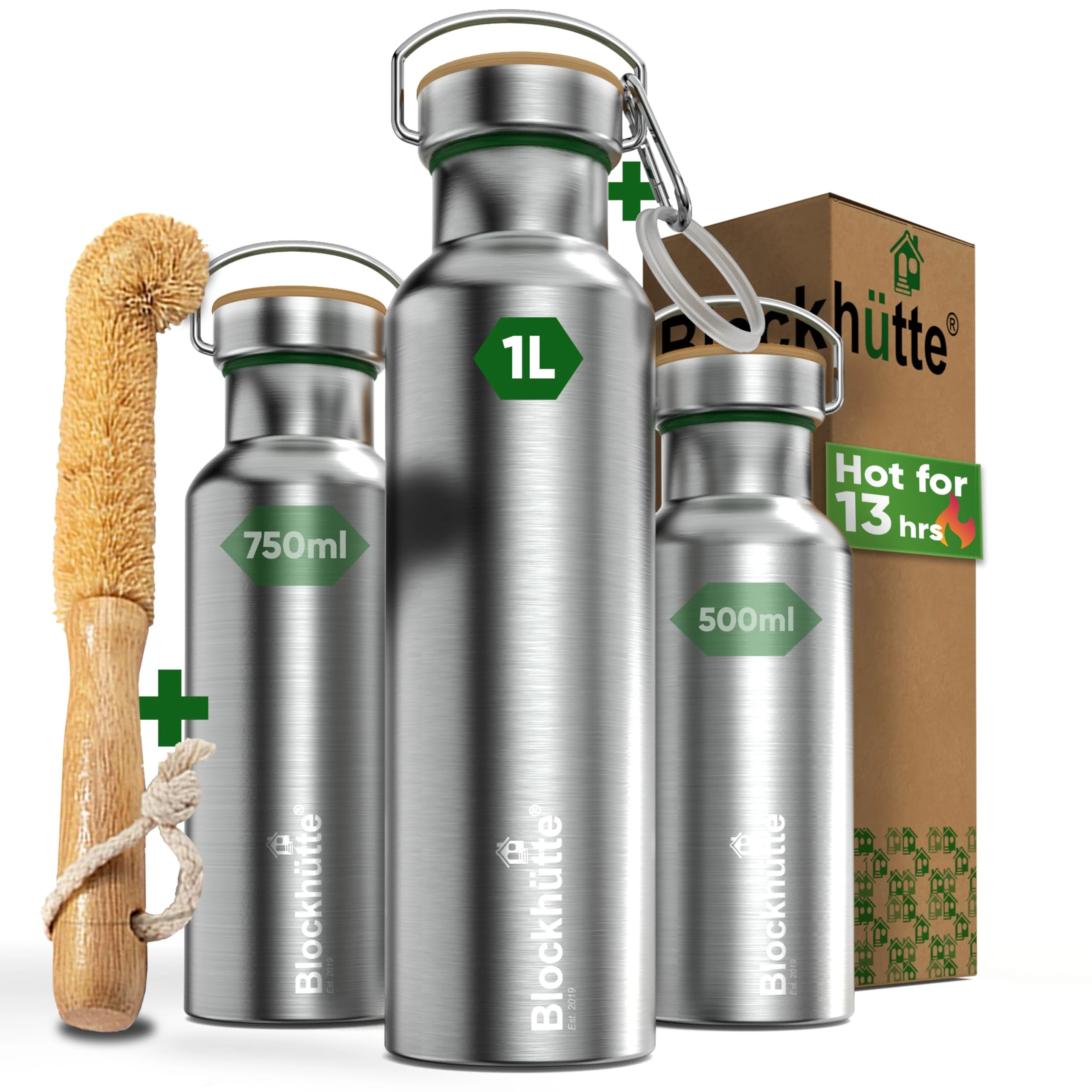 Blockhütte Stainless Steel Water Bottle I 1L I Insulated Metal Flask, BPA Free, Leakproof, Dishwasher Safe, Ideal for Gym, Travel, Home Use, Cold Drinks, Reusable, with Natural Cleaning Brush