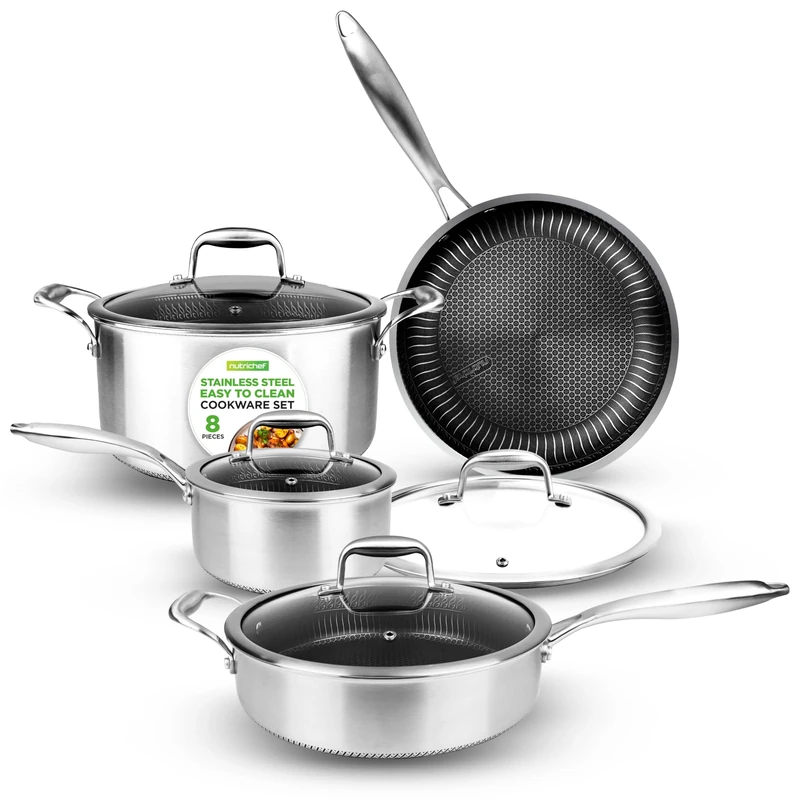 Nutrichef Stainless Steel Pots and Pans Set, 8pcs Cookware with Glass Lids, Induction Hob Pots, Cooking Saucepan Pot, Triply Frying Pan Set, Dakin Etching Nonstick Coating
