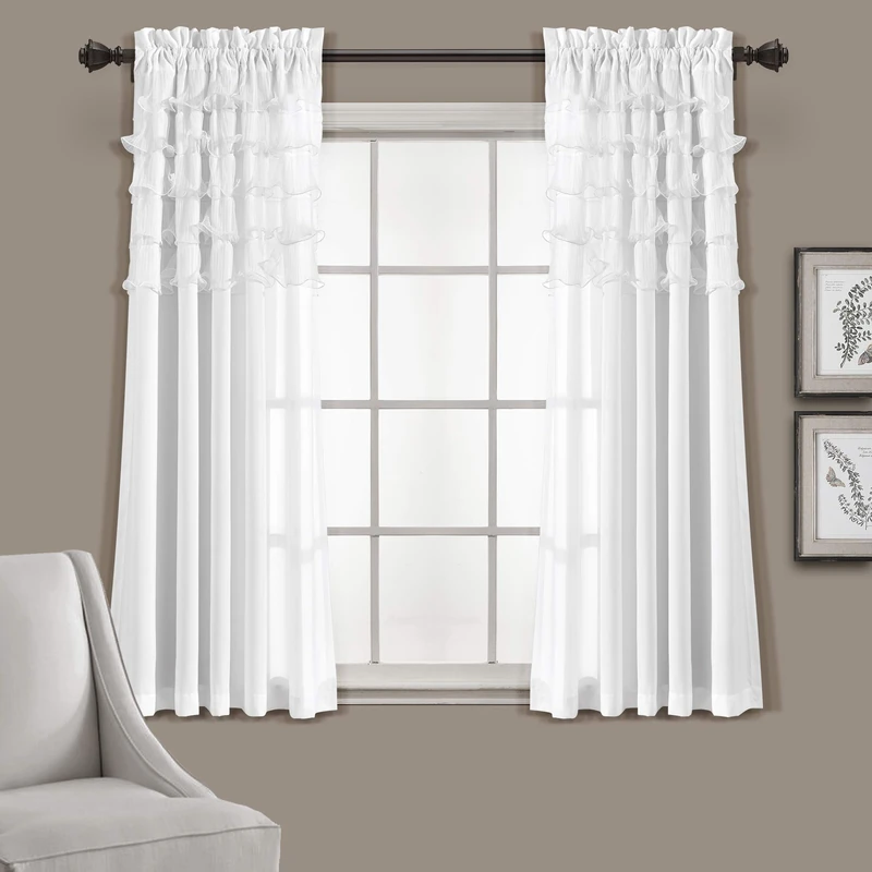 Lush Decor Avery Curtains Ruffled Vintage Chic Style Window Panel Set for Living, Dining Room, Bedroom (Pair), 54" W x 63" L, White