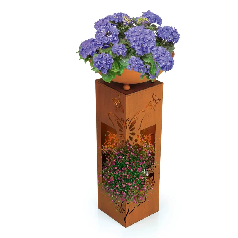 Hoberg LED column 3D butterfly design in rust look, removable plant bowl (diameter 34 cm), suitable for indoor and outdoor use, integrated lighting, 6h timer, wireless, 19 x 19 x 72 cm, Alloy Steel