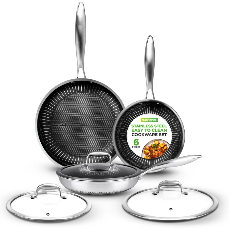 Nutrichef Tri-Ply Stainless Steel Skillet Set 6-Piece, 20cm, 25cm, 30cm Non-Stick Pans with Lids, Induction, Oven & Dishwasher Safe, for Camping Cooking, Ramen, Omlet, Kitchen Sets