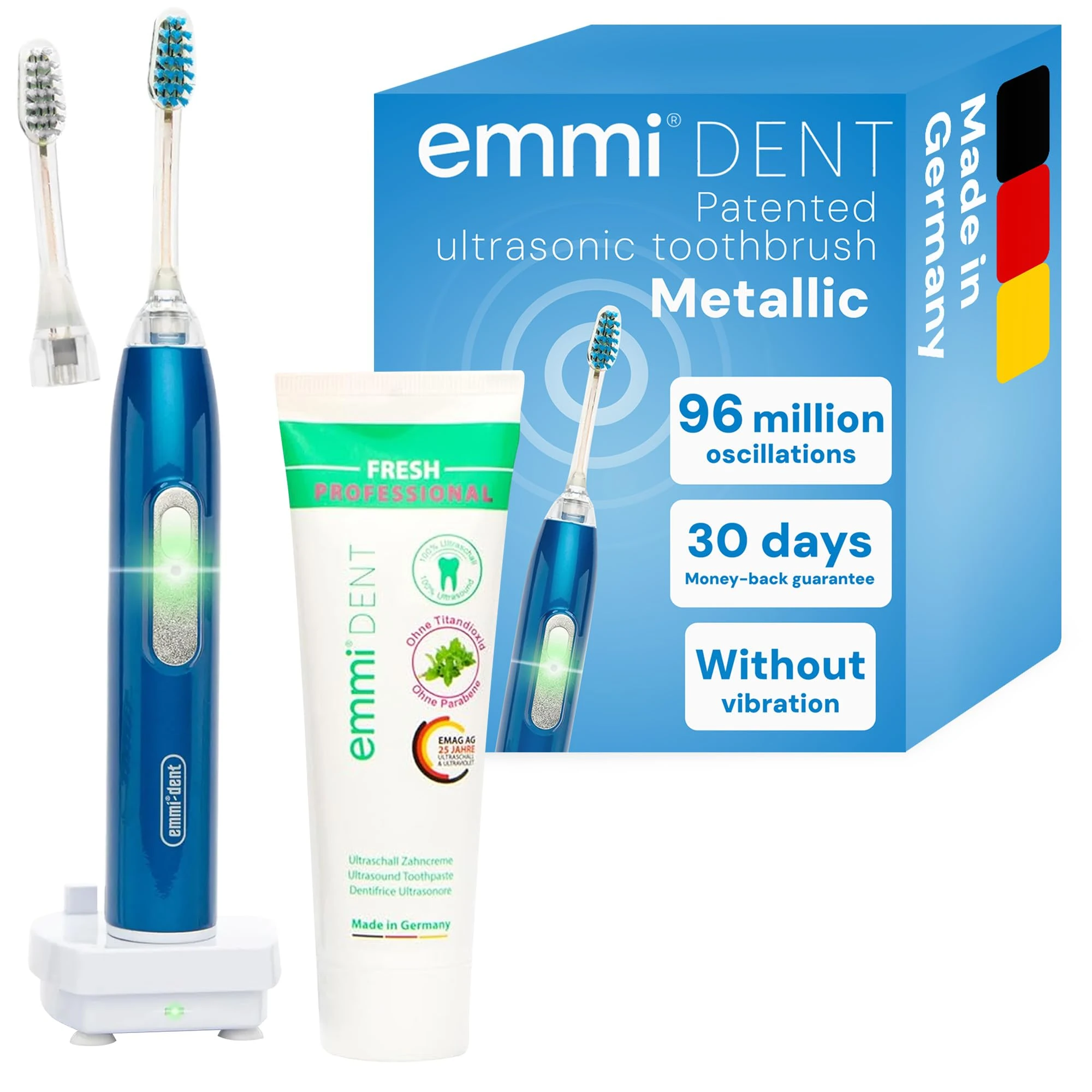 emmi-dent Metallic Electric Ultrasonic Toothbrush (Blue Starter Set) I Ideal for Sensitive Teeth & Gums I Optimal Tooth Brushing Without Scrubbing I Up to 12 Days of Battery Life