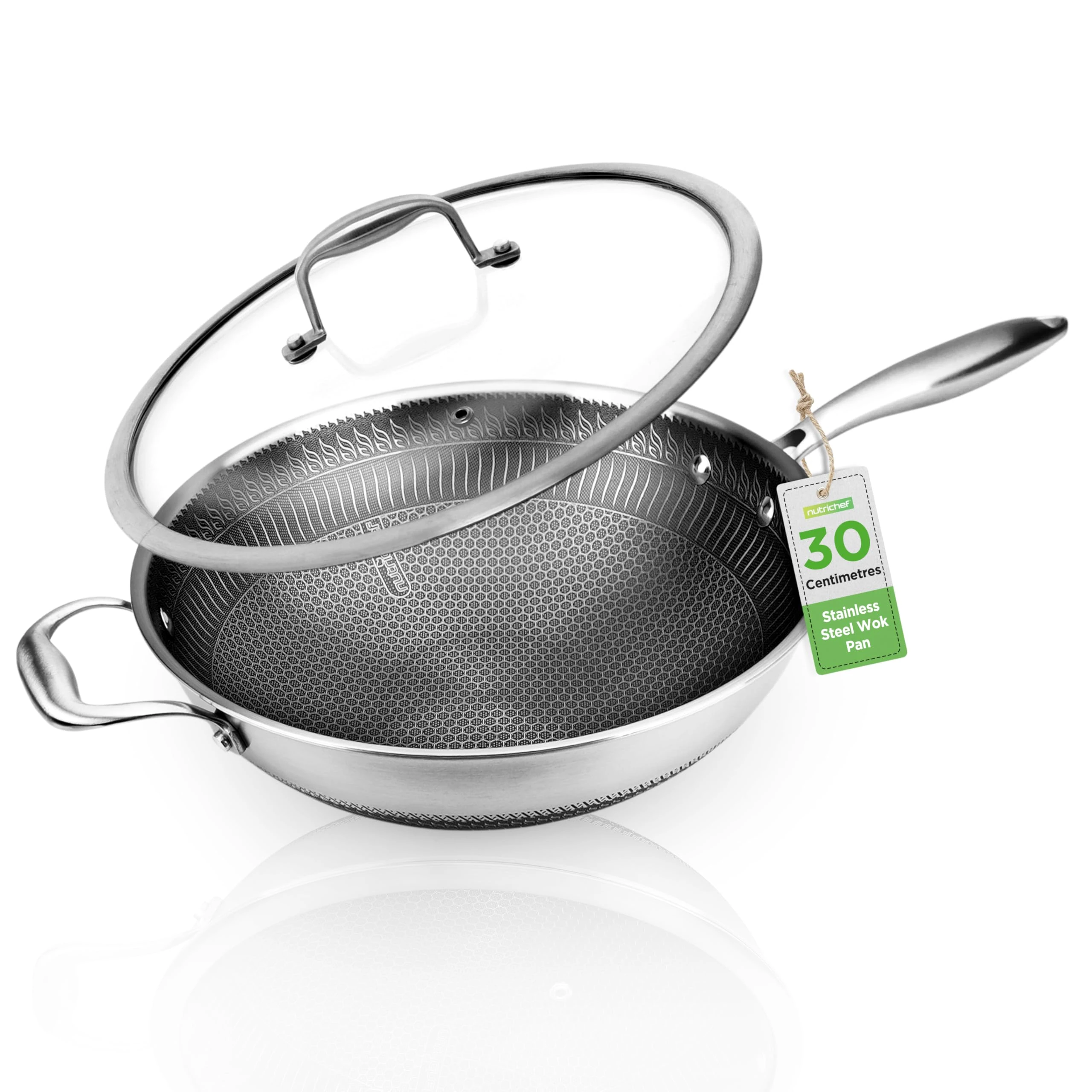 Nutrichef Nonstick Wok with Glass Lid – 30cm Hex Stainless Steel Stir Fry Cookware, Induction Compatible, Honeycomb Pattern, Scratch-Resistant, Deep Sauté Style, 12" Wok