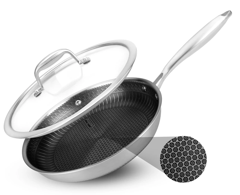 Nutrichef Stainless Steel Frying Pan 25.4cm, Triply Cookware with Non-Stick Dakin Etched Coating, Scratch-Resistant Honeycomb Pattern, for Saucepan Cooking, Boiling and Omelette Making
