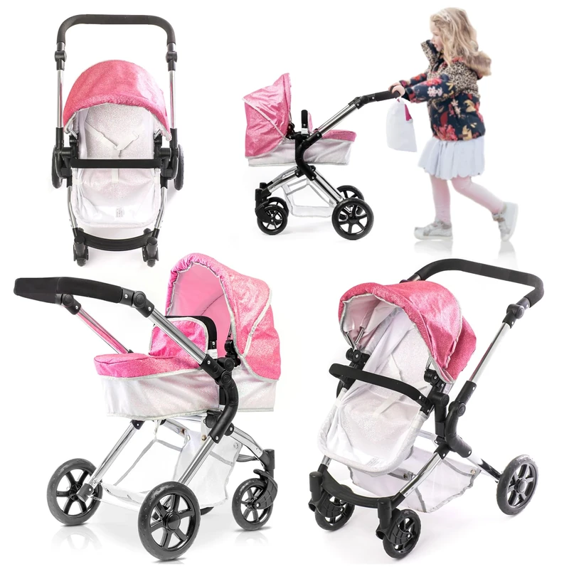 Roma Stephanie Sparkle Dolls Pram for Ages 3+, 2-in-1 Pink Dolls Pushchair with Seat or Carrycot, Foldable for 42cm Doll, Ideal, Great for Reborns