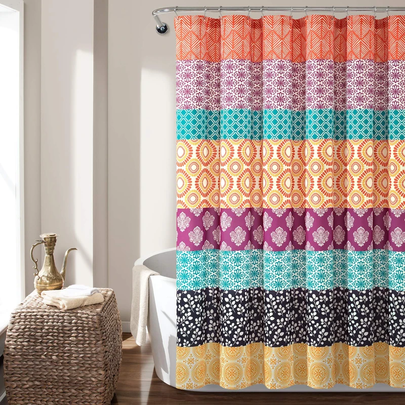 Lush Decor Bohemian Stripe Shower Curtain, 72" W x 72" L, Fuchsia & Orange - Bathroom Curtain - Striped Shower Curtain - Boho Decor - Fabric Shower Curtains - Image 1