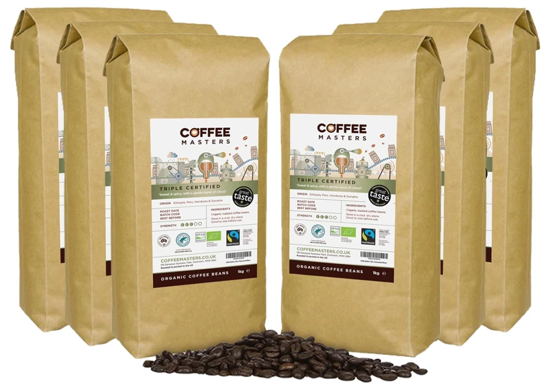 Coffee Masters Triple Certified Arabica Coffee Beans 6x1kg - Fairtrade, Organic Blend - Medium Roast Whole Bean, Ideal for Espresso Machines - The Great Taste Award Winner