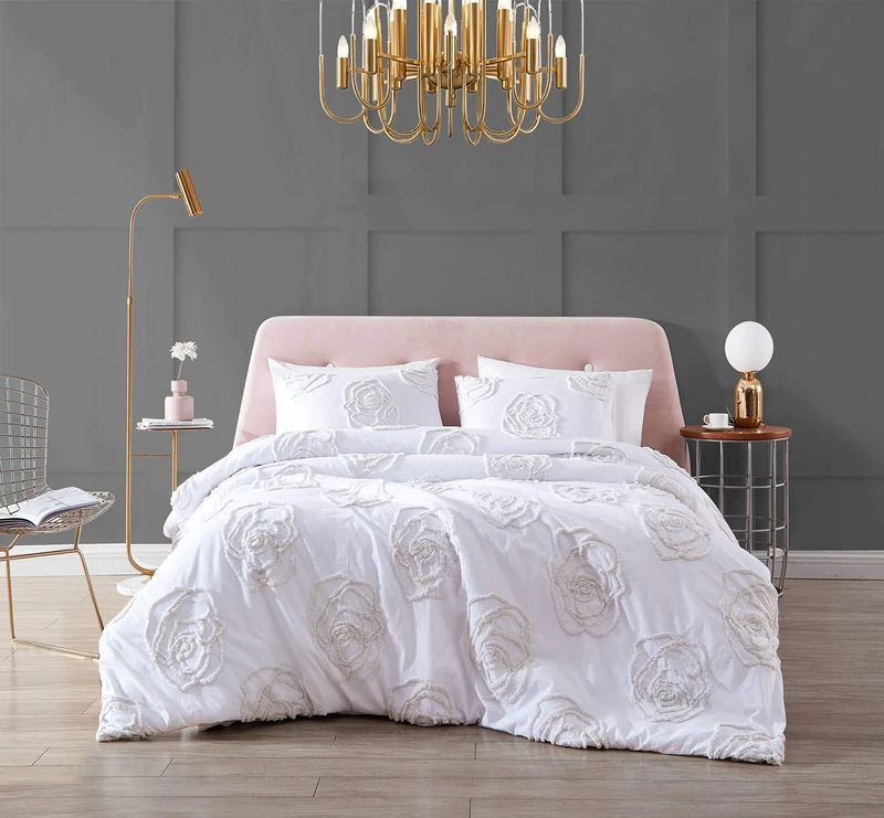 Betsey Johnson | Rambling Rose Collection | Duvet Cover Set- 100% Cotton Ultra Soft, All Season Bedding, Textured Chenille Detail, King, White