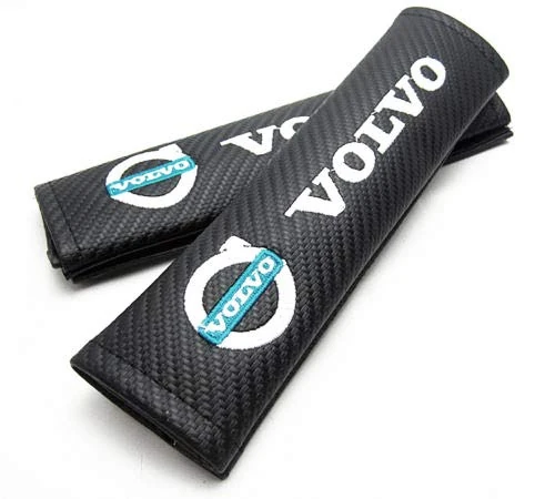 Carbon Fibre Effect Seat Belt Shoulder Cover Pads. Polestar v60 XC90 S40 V70 XC70 (Bl/Gn))