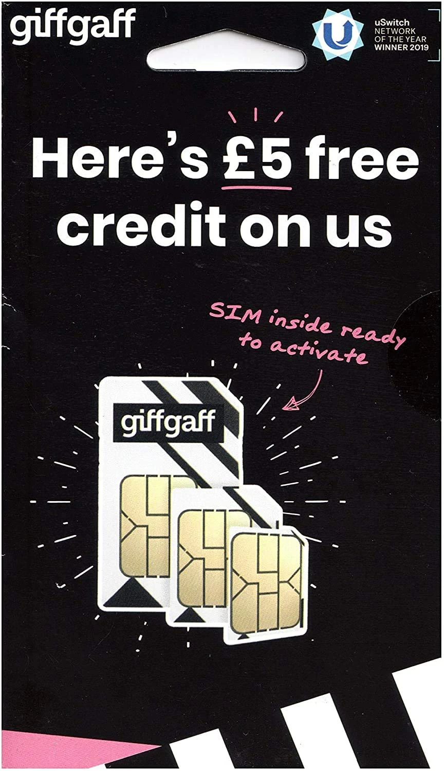 Giffgaff Nano/Micro/Standard SIM. Top Tariff Offers Unlimited Calls, Text, Data - Just Pay As You Go - no Contract. Multi Size, Fits All Devices. £5 Bonus Credit When You Top up £10 First Time.