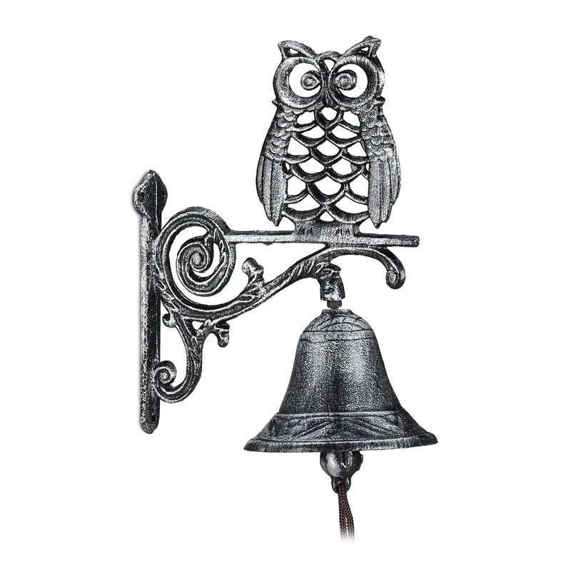 Relaxdays Cast Iron Door Bell, Owl, Antique Design, with Cord, Weatherproof, Garden Decoration, 26.5x19x11 cm, Silver