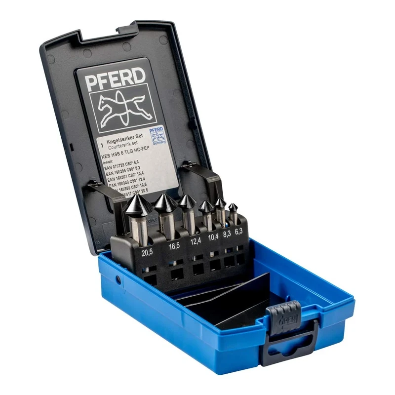 PFERD HSS Taper/Deburring Countersink Set, 6 Pieces, 90°, Diameter 6.3-20.5 mm, DIN 335 C, HICOAT | 25202160 - for Countersinking 90° Screws