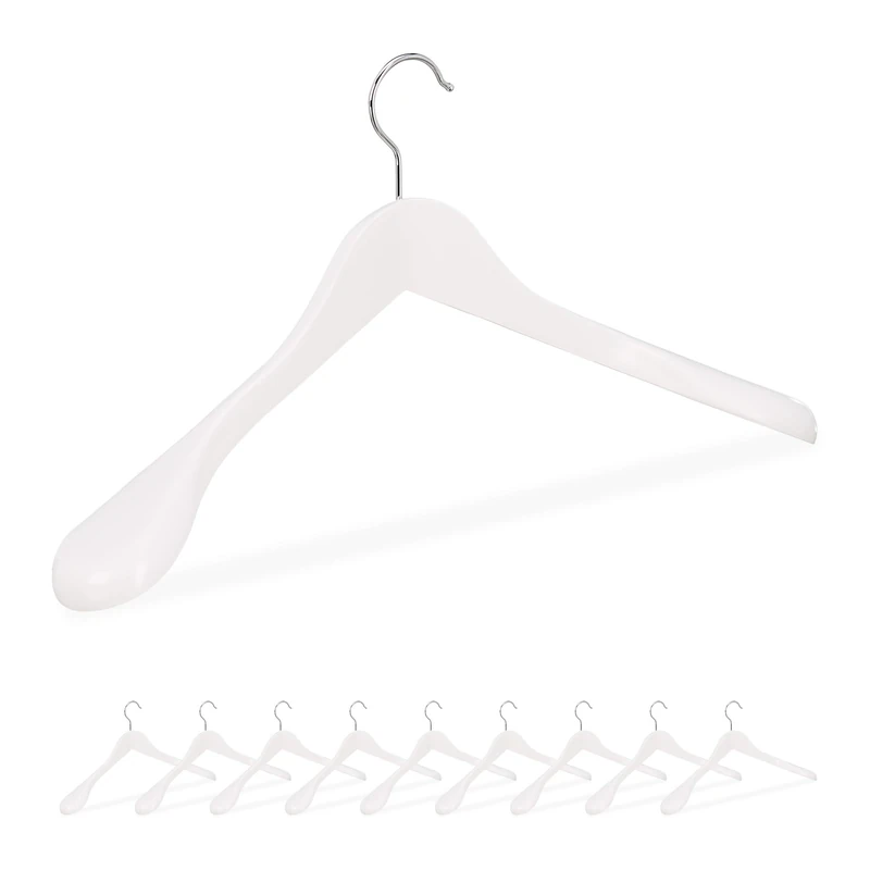 Relaxdays Suit Hangers Set of 10, Wide Shoulders, 360° Swivel Hooks, Jackets, Wooden Coat Holders, White
