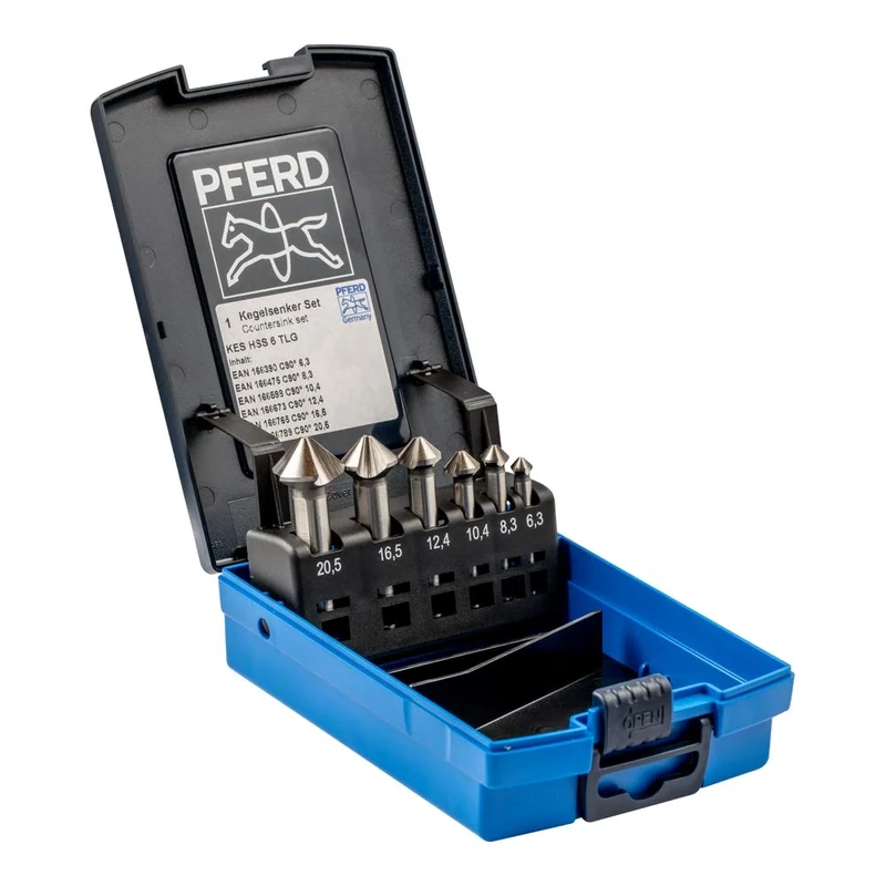 PFERD HSS Cone/Deburring Countersink Set, 6 Pieces, 90°, Diameter 6.3-20.5 mm, DIN 335 C, 25202154 - for Countersinking 90° Screws