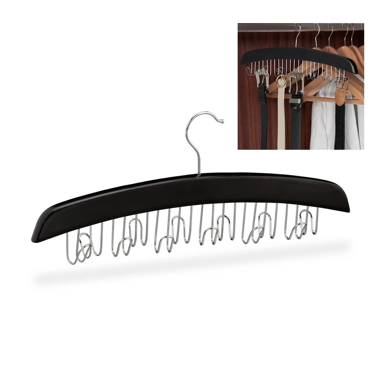 Relaxdays Belt Hanger, Hooks for 12 Belts, 360° Rotatable Hanger, Wood, 17.5 x 43 x 5.5 cm, for Wardrobe, Black/Silver