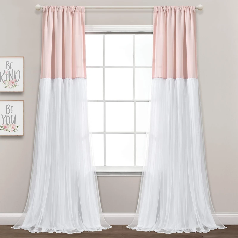 Lush Decor Tulle Skirt Colorblock Window Curtain Panel Pair, 84" L x 40" W, Blush & White