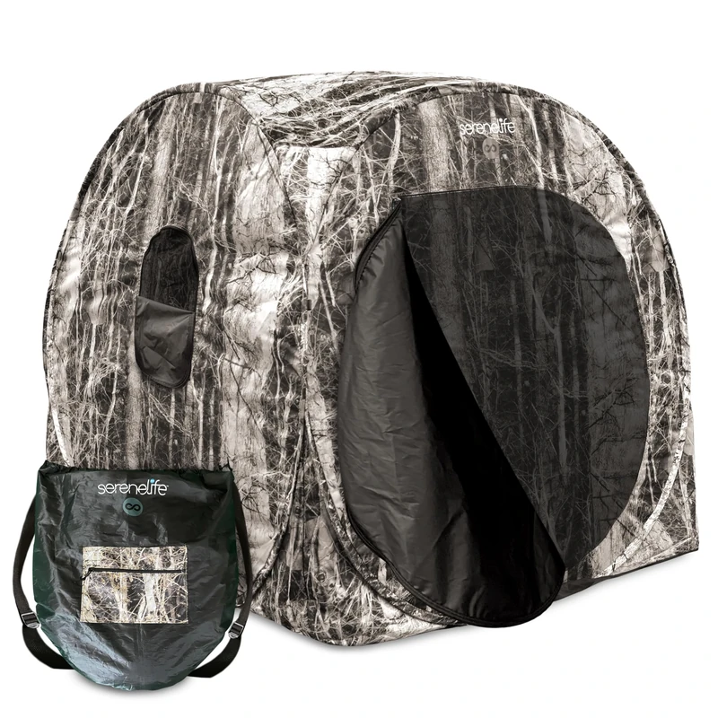 SereneLife One Person Hunting Blind - Durashell Plus Hunting Ground Blind Tent Pop Up Blinds for Hunting w/Spring Steel Frame, Camo Polyester Fabric, Includes Carry Bag, Ropes, Stakes, Poles - SLHT39