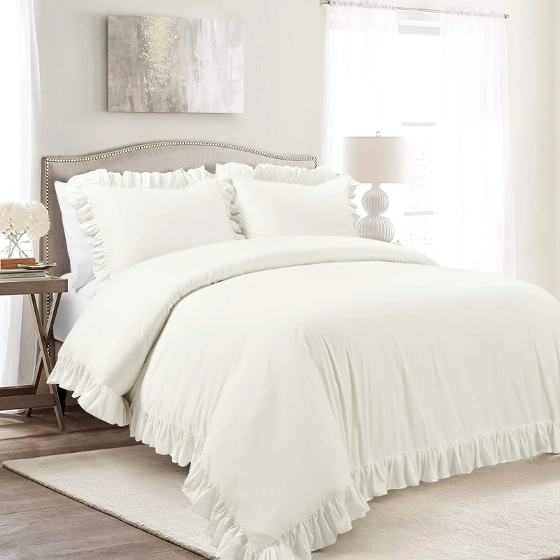 Lush Decor Reyna Ruffle 100% Cotton Duvet Cover Set - 3 Piece Cozy Ruffled Bedding Set - Timeless Elegance and Comfort - King, White