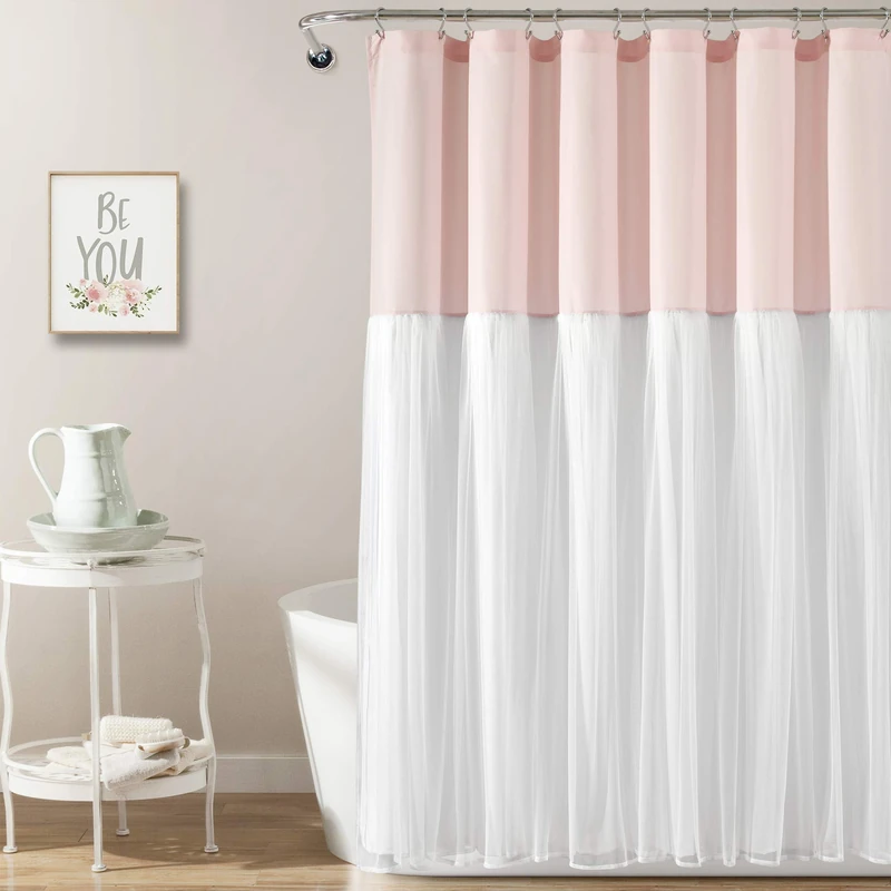 Lush Decor - Shower Curtain, Luxurious Ruched Material, Color Block Design, Chic Bathroom Decor (Tulle Skirt Blush & White, 72" x 72")