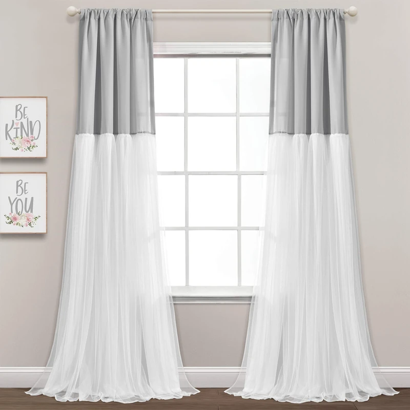 Lush Decor Tulle Skirt Colorblock Window Curtain Panel Pair, 84" L x 40" W, Light Gray & White