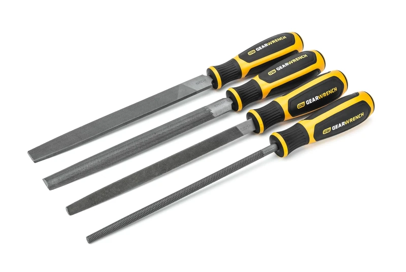 GearWrench 82820H 8"/203.2mm Bastard File Set, Ergonomic Dual Material Grip, 4 Piece