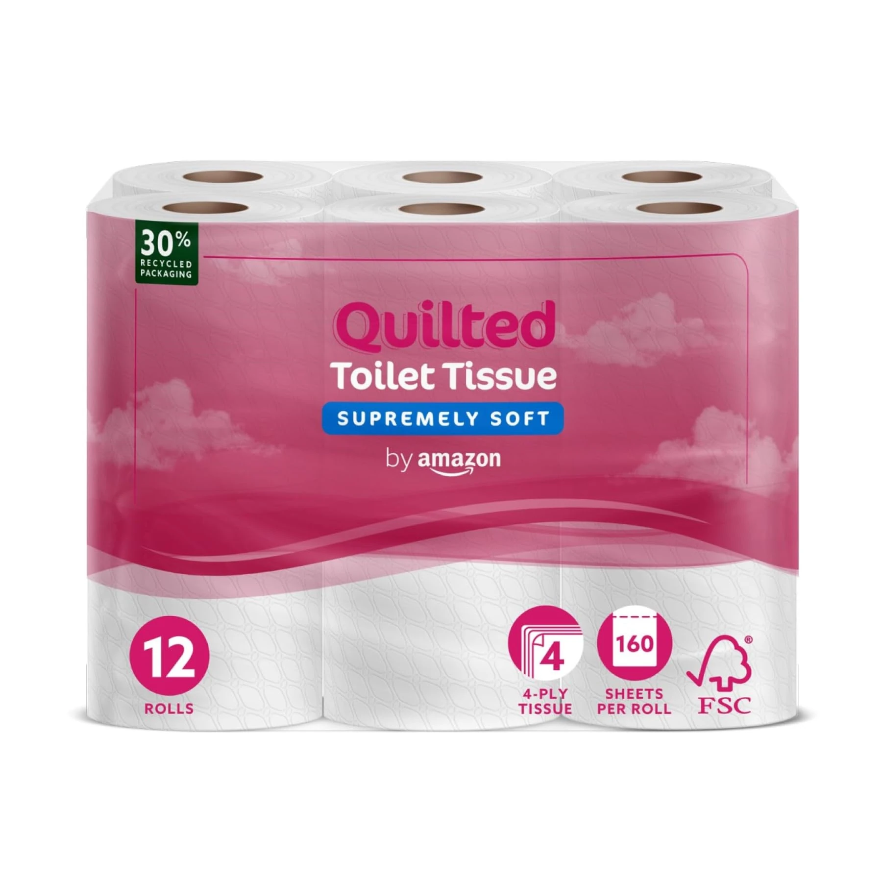 by Amazon Toilet Roll, 4-ply Quilted, Supremely Soft, 9 Rolls (1 Pack of 9), 200 Sheets per Roll, FSC Certified