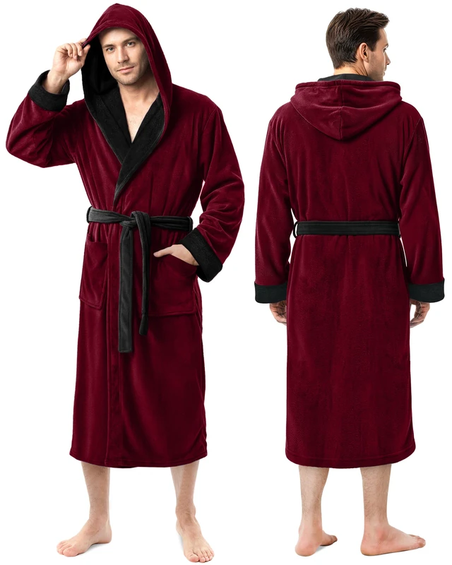 NY Threads Mens Hooded Fleece Robe - Plush Long Bathrobes, Burgundy With Black Contrast, L-X-L - Image 1