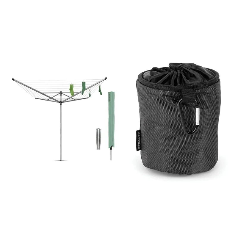 Brabantia - Lift-O-Matic - 60 Metres of Clothes Line - Metallic Grey - ø 312 cm & Premium Peg Bag - Durable and Weather Resistant - Storage for up to 150 Pegs Black - 28 x 18 x 17.5 cm