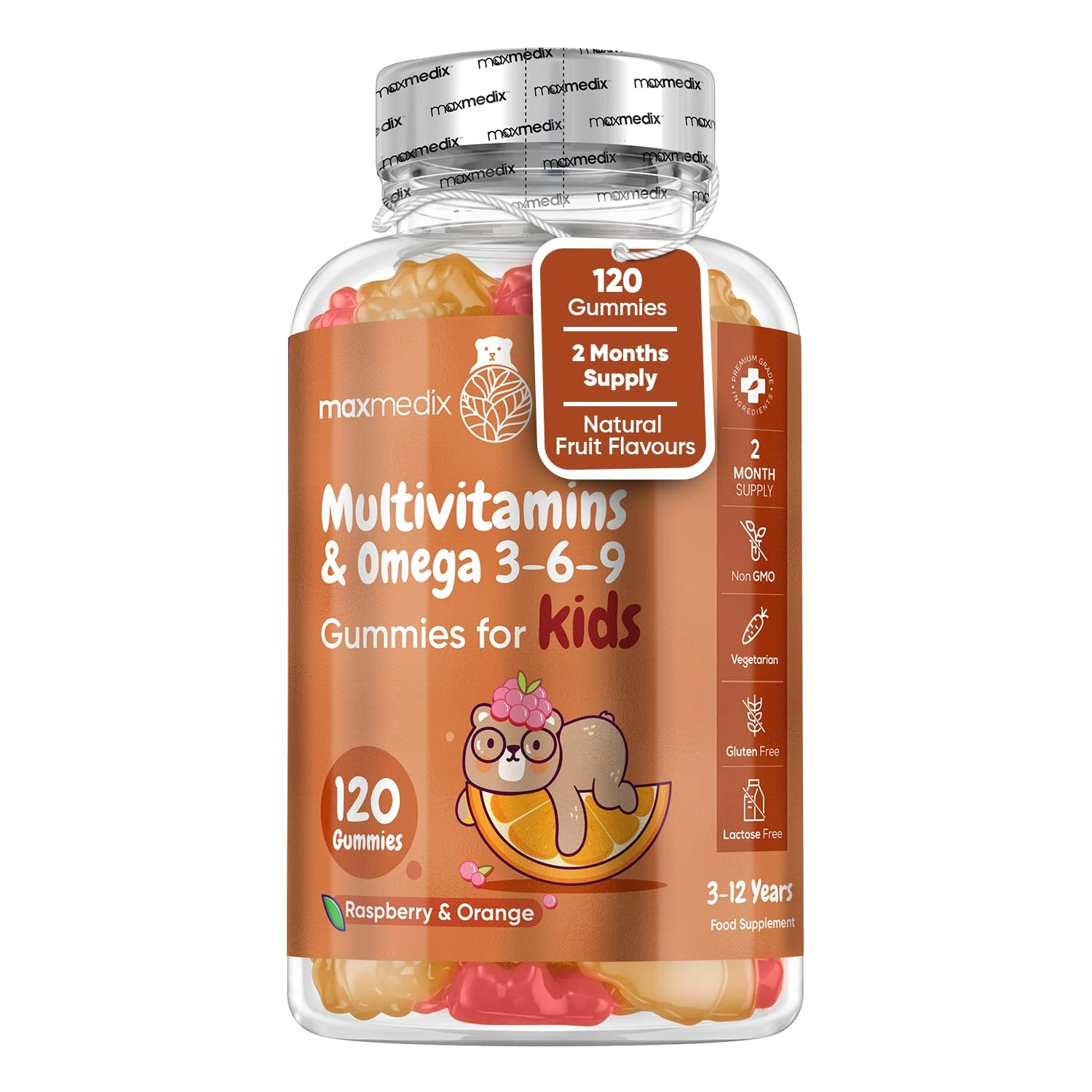 Multivitamin for Kids - 120 Natural Raspberry & Orange Flavour Chewable Gummies (2 Month Supply) - Low-Sugar Childrens Multivitamins with Zinc & Omega 3, 6 & 9 - Vegetarian Vitamins for Kids