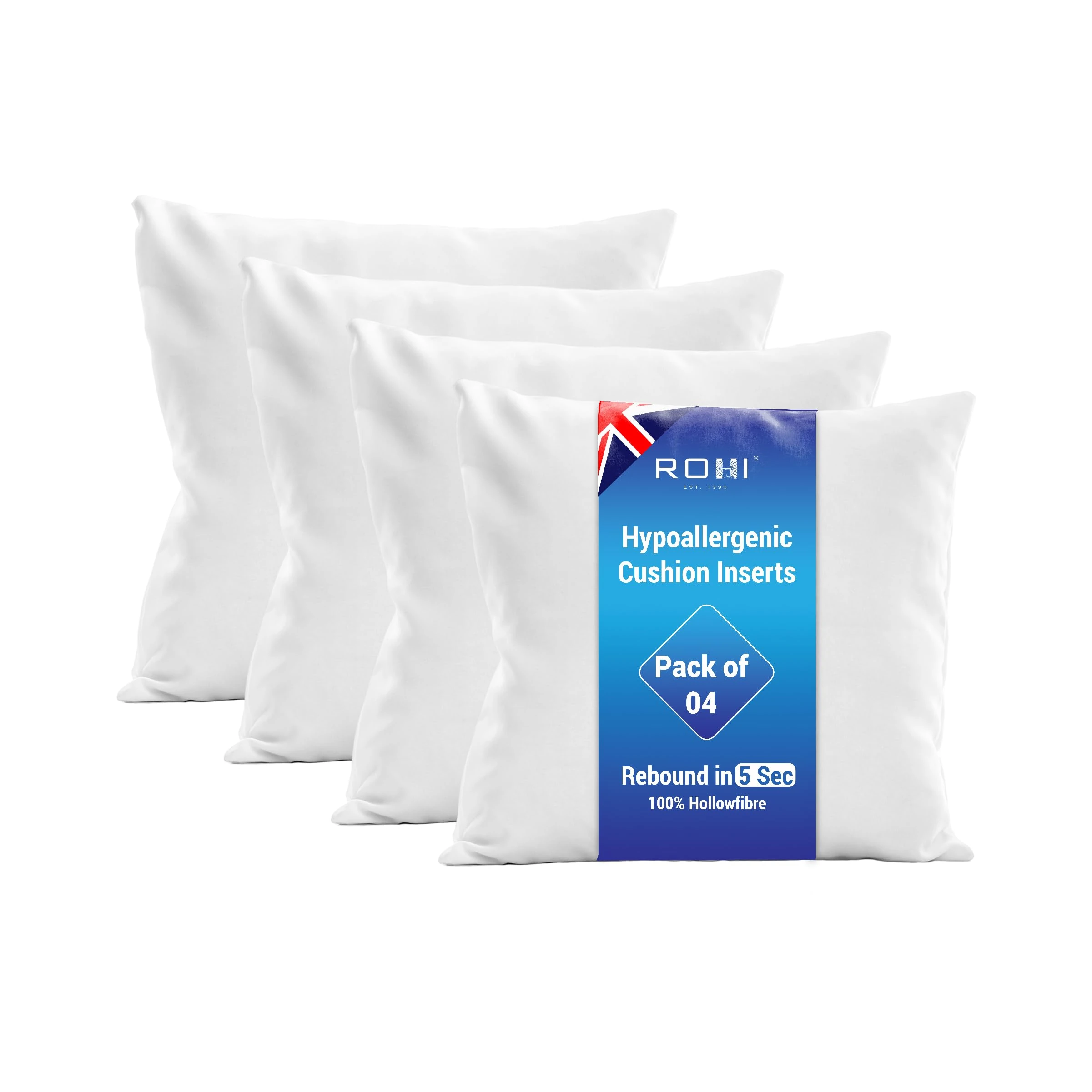 Rohi Set of 4 Hypoallergenic Cushion pads 45cm x 45cm - White polyster square Cushions - Standard stuffer pack of Cushion inserts 45cm x 45cm (Pack of 4 | 18"x18")
