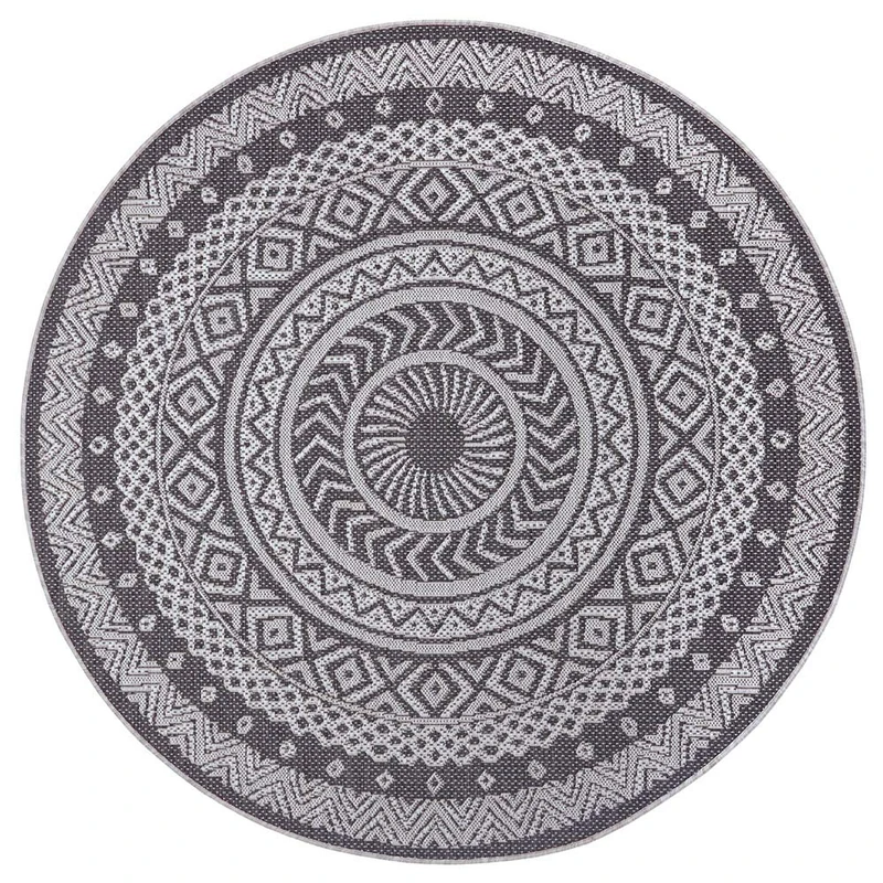 Hanse Home Laos Flat Weave Indoor and Outdoor Rug, Weatherproof, Oriental Boho Design for Balcony, Patio, Garden, Conservatory, Living Room Rug Waterproof, Grey/Light Grey, 160 cm, Round - Image 1