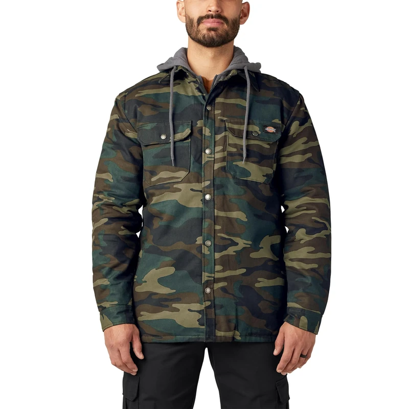 Dickies Men's Fleece Hooded Duck Shirt Jacket with Hydroshield Work Utility Outerwear, Hunter Green Camo, XS