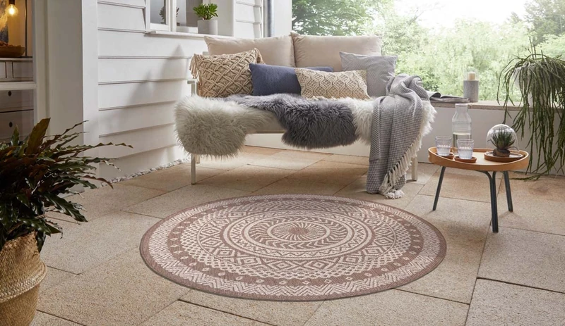 HANSE Home Laos Flat Weave Indoor and Outdoor Rug, Weatherproof, Oriental Boho Design for Balcony, Patio, Garden, Conservatory, Living Room Rug, Waterproof, Beige/Cream, 160 cm Round