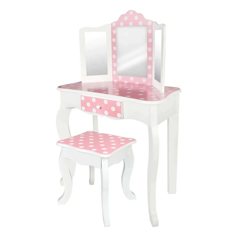 WOOMAX - Dressing Table for Girls & Boys, Wooden Makeup Vanity with Stool & Mirror, Beauty Center with Drawer, Educational Toy for 3+ Years, Pink - Image 1