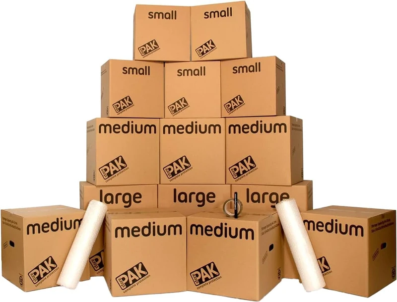 StorePAK House Moving Kit - 15 Archive Boxes with Handles , Bubble Wrap, Tape & Marker Pen. 100% Recyclable,Brown(Small, Medium & Large)